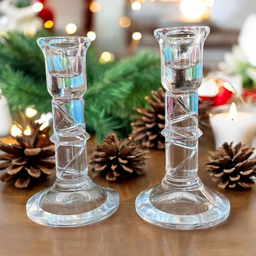 Vintage Clear Glass Bamboo Twist Candlestick Holders - Pair 6”